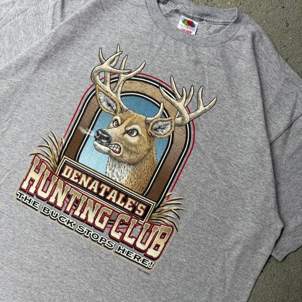 Fruit of the Loom Denatale's Hunting Club Graphic T-Shirt Gray Mens XL Buck